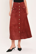 RUSTIC ROMANCE BRICK FAUX SUEDE BUTTON-FRONT MIDI SKIRT